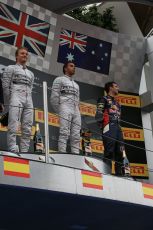 World © Octane Photographic Ltd. Thursday 8th May 2014. Circuit de Catalunya - Spain - Formula 1 Podium. Mercedes AMG Petronas F1 W05 Hybrid – Lewis Hamilton (1st) and Nico Rosberg (2nd) and Infiniti Red Bull Racing RB10 – Daniel Ricciardo (3rd). Digital Ref: