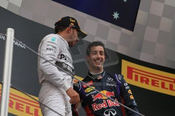 World © Octane Photographic Ltd. Thursday 8th May 2014. Circuit de Catalunya - Spain - Formula 1 Podium. Mercedes AMG Petronas F1 W05 Hybrid – Lewis Hamilton (1st) and Infiniti Red Bull Racing RB10 – Daniel Ricciardo (3rd). Digital Ref: