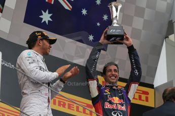 World © Octane Photographic Ltd. Thursday 8th May 2014. Circuit de Catalunya - Spain - Formula 1 Podium. Mercedes AMG Petronas F1 W05 Hybrid – Lewis Hamilton (1st) and Infiniti Red Bull Racing RB10 – Daniel Ricciardo (3rd). Digital Ref: