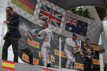 World © Octane Photographic Ltd. Thursday 8th May 2014. Circuit de Catalunya - Spain - Formula 1 Podium. Mercedes AMG Petronas F1 W05 Hybrid – Lewis Hamilton (1st) and Nico Rosberg (2nd) and Infiniti Red Bull Racing RB10 – Daniel Ricciardo (3rd). Digital Ref: