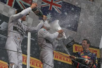 World © Octane Photographic Ltd. Thursday 8th May 2014. Circuit de Catalunya - Spain - Formula 1 Podium. Mercedes AMG Petronas F1 W05 Hybrid – Lewis Hamilton (1st) and Nico Rosberg (2nd) and Infiniti Red Bull Racing RB10 – Daniel Ricciardo (3rd). Digital Ref: