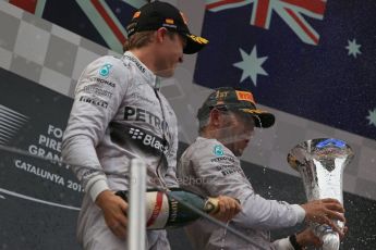 World © Octane Photographic Ltd. Thursday 8th May 2014. Circuit de Catalunya - Spain - Formula 1 Podium. Mercedes AMG Petronas F1 W05 Hybrid – Lewis Hamilton (1st) and Nico Rosberg (2nd). Digital Ref: