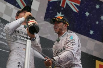 World © Octane Photographic Ltd. Thursday 8th May 2014. Circuit de Catalunya - Spain - Formula 1 Podium. Mercedes AMG Petronas F1 W05 Hybrid – Lewis Hamilton (1st) and Nico Rosberg (2nd). Digital Ref: