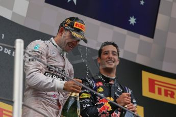 World © Octane Photographic Ltd. Thursday 8th May 2014. Circuit de Catalunya - Spain - Formula 1 Podium. Mercedes AMG Petronas F1 W05 Hybrid – Lewis Hamilton (1st) and Infiniti Red Bull Racing RB10 – Daniel Ricciardo (3rd). Digital Ref: