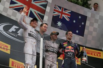 World © Octane Photographic Ltd. Thursday 8th May 2014. Circuit de Catalunya - Spain - Formula 1 Podium. Mercedes AMG Petronas F1 W05 Hybrid – Lewis Hamilton (1st) and Nico Rosberg (2nd) and Infiniti Red Bull Racing RB10 – Daniel Ricciardo (3rd). Digital Ref: