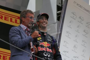 World © Octane Photographic Ltd. Thursday 8th May 2014. Circuit de Catalunya - Spain - Formula 1 Podium. Infiniti Red Bull Racing RB10 – Daniel Ricciardo (3rd) and Eddie Jordan. Digital Ref: