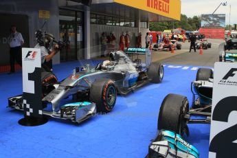 World © Octane Photographic Ltd. Thursday 8th May 2014. Circuit de Catalunya - Spain - Formula 1 Parc Ferme. Mercedes AMG Petronas F1 W05 Hybrid – Lewis Hamilton (1st). Digital Ref: