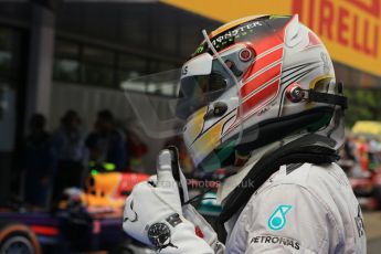 World © Octane Photographic Ltd. Thursday 8th May 2014. Circuit de Catalunya - Spain - Formula 1 Parc Ferme. Mercedes AMG Petronas F1 W05 Hybrid – Lewis Hamilton (1st). Digital Ref: