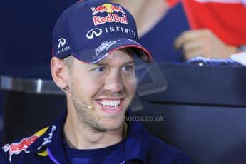 World © Octane Photographic Ltd. Thursday 8th May 2014. Circuit de Catalunya – Barcelona, Spain. Formula 1 press conference. Sebastian Vettel – Infiniti Red Bull Racing. Digital Ref : 0924lb1d2957