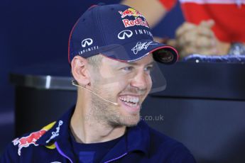 World © Octane Photographic Ltd. Thursday 8th May 2014. Circuit de Catalunya – Barcelona, Spain. Formula 1 press conference. Sebastian Vettel – Infiniti Red Bull Racing. Digital Ref : 0924lb1d2963