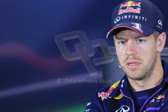 World © Octane Photographic Ltd. Thursday 8th May 2014. Circuit de Catalunya – Barcelona, Spain. Formula 1 press conference. Sebastian Vettel – Infiniti Red Bull Racing. Digital Ref : 0924lb1d3216