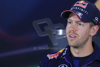 World © Octane Photographic Ltd. Thursday 8th May 2014. Circuit de Catalunya – Barcelona, Spain. Formula 1 press conference. Sebastian Vettel – Infiniti Red Bull Racing. Digital Ref : 0924lb1d3225