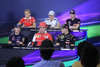 World © Octane Photographic Ltd. Thursday 8th May 2014. Circuit de Catalunya – Barcelona, Spain. Formula 1 press conference. Max Chilton – Marussia, Kevin Magnussen – McLaren Mercedes, Daniil Kvyat – Scuderia Toro Rosso, Sebastian Vettel – Infiniti Red Bull Racing, Fernando Alonso – Scuderia Ferrari and Pastor Maldonado – Lotus F1 Team. Digital Ref : 0924lb1d43039