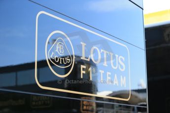 World © Octane Photographic Ltd. Thursday 8th May 2014. Circuit de Catalunya - Spain - Formula 1 Paddock. Lotus F1 Team E22 team logo. Digital Ref: 0922lb1d2745