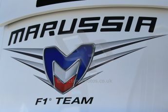 World © Octane Photographic Ltd. Thursday 8th May 2014. Circuit de Catalunya - Spain - Formula 1 Paddock. Marussia F1 logo. Digital Ref: 0922lb1d2832
