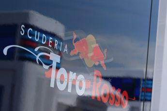 World © Octane Photographic Ltd. Thursday 8th May 2014. Circuit de Catalunya - Spain - Formula 1 Paddock. Scuderia Toro Rosso logo with reflection of Williams Martini Racing logo. Digital Ref: 0922lb1d2846