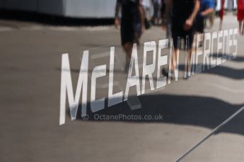 World © Octane Photographic Ltd. Thursday 8th May 2014. Circuit de Catalunya - Spain - Formula 1 Paddock. Vodafone McLaren Mercedes MP4/29. McLaren Logo. Digital Ref: 0922lw7d8594