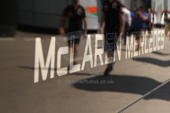 World © Octane Photographic Ltd. Thursday 8th May 2014. Circuit de Catalunya - Spain - Formula 1 Paddock. Vodafone McLaren Mercedes MP4/29. McLaren Logo. Digital Ref: 0922lw7d8597