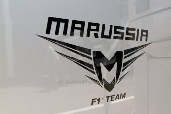 World © Octane Photographic Ltd. Thursday 8th May 2014. Circuit de Catalunya - Spain - Formula 1 Paddock. Marussia F1 logo. Digital Ref: 0922lw7d8627