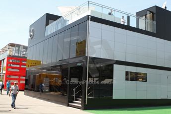 World © Octane Photographic Ltd. Thursday 8th May 2014. Circuit de Catalunya - Spain - Formula 1 Paddock. Mercedes AMG Petronas F1 W05 Hybrid. Mercedes Motorhome. Digital Ref: 0922lw7d8642