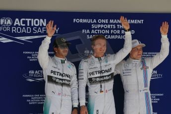 World © Octane Photographic Ltd. Saturday 1st November 2014, F1 USA GP, Austin, Texas, Circuit of the Americas (COTA) - Qualifying. Mercedes AMG Petronas F1 W05 Hybrid - Nico Rosberg, Mercedes AMG Petronas F1 W05 – Lewis Hamilton and Williams Martini Racing FW36 – Valtteri Bottas. Digital Ref: 1149LB1D0480