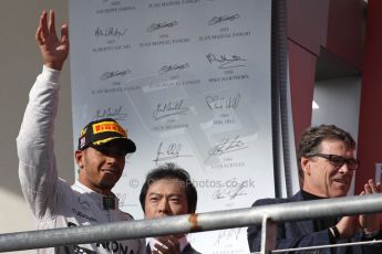 World © Octane Photographic Ltd. Sunday 2nd November 2014, F1 USA GP, Austin, Texas, Circuit of the Americas (COTA) - Podium. Mercedes AMG Petronas F1 W05 Hybrid – Lewis Hamilton. Digital Ref: 1152LW1L4347