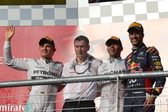 World © Octane Photographic Ltd. Sunday 2nd November 2014, F1 USA GP, Austin, Texas, Circuit of the Americas (COTA) - Podium. Mercedes AMG Petronas F1 W05 Hybrid – Lewis Hamilton, Nico Rosberg and  Infiniti Red Bull Racing RB10 – Daniel Ricciardo. Digital Ref: 1152LW1L4504