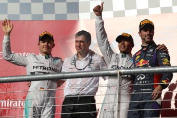 World © Octane Photographic Ltd. Sunday 2nd November 2014, F1 USA GP, Austin, Texas, Circuit of the Americas (COTA) - Podium. Mercedes AMG Petronas F1 W05 Hybrid – Lewis Hamilton, Nico Rosberg and  Infiniti Red Bull Racing RB10 – Daniel Ricciardo. Digital Ref: 1152LW1L4511