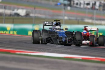 World © Octane Photographic Ltd. Friday 31st October 2014, F1 USA GP, Austin, Texas, Circuit of the Americas (COTA) - Practice 1. McLaren Mercedes MP4/29 – Kevin Magnussen and Scuderia Ferrari F14T - Fernando Alonso. Digital Ref: 1144LB1D7701