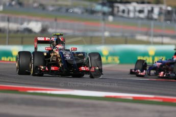 World © Octane Photographic Ltd. Friday 31st October 2014, F1 USA GP, Austin, Texas, Circuit of the Americas (COTA) - Practice 1. Lotus F1 Team E22 – Pastor Maldonado and Scuderia Toro Rosso STR 9 – Max Verstappen. Digital Ref: 1144LB1D7857