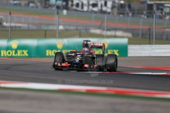 World © Octane Photographic Ltd. Friday 31st October 2014, F1 USA GP, Austin, Texas, Circuit of the Americas (COTA) - Practice 1. Lotus F1 Team E22 with concept 2015 nose - Romain Grosjean. Digital Ref: 1144LB1D7991