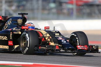 World © Octane Photographic Ltd. Friday 31st October 2014, F1 USA GP, Austin, Texas, Circuit of the Americas (COTA) - Practice 1. Lotus F1 Team E22 with concept 2015 nose - Romain Grosjean. Digital Ref: 1144LB1D8001