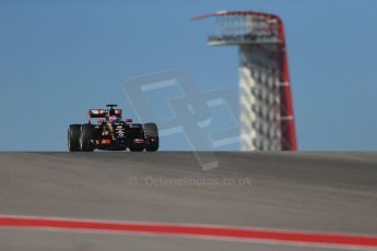 World © Octane Photographic Ltd. Friday 31st October 2014, F1 USA GP, Austin, Texas, Circuit of the Americas (COTA) - Practice 1. Lotus F1 Team E22 with concept 2015 nose - Romain Grosjean. Digital Ref: 1144LB1D8312
