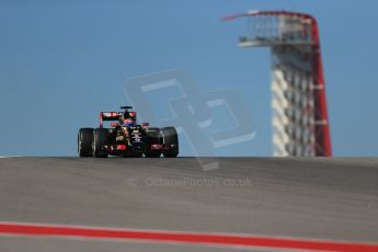 World © Octane Photographic Ltd. Friday 31st October 2014, F1 USA GP, Austin, Texas, Circuit of the Americas (COTA) - Practice 1. Lotus F1 Team E22 with concept 2015 nose - Romain Grosjean. Digital Ref: 1144LB1D8473