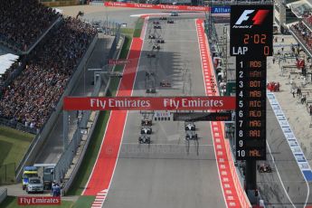 World © Octane Photographic Ltd. Sunday 2nd November 2014, F1 USA GP, Austin, Texas, Circuit of the Americas (COTA) - Race. Mercedes AMG Petronas F1 W05 Hybrid - Nico Rosberg leads the start of the USA GP. Digital Ref: 1151LB1D1184