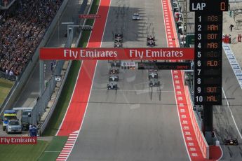 World © Octane Photographic Ltd. Sunday 2nd November 2014, F1 USA GP, Austin, Texas, Circuit of the Americas (COTA) - Race. Mercedes AMG Petronas F1 W05 Hybrid - Nico Rosberg leads the start of the USA GP. Digital Ref: 1151LB1D1191