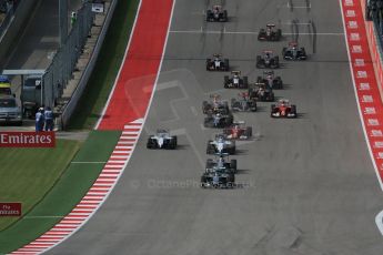 World © Octane Photographic Ltd. Sunday 2nd November 2014, F1 USA GP, Austin, Texas, Circuit of the Americas (COTA) - Race. Mercedes AMG Petronas F1 W05 Hybrid - Nico Rosberg leads the start of the USA GP. Digital Ref: 1151LB1D1208