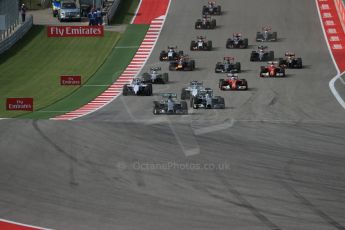 World © Octane Photographic Ltd. Sunday 2nd November 2014, F1 USA GP, Austin, Texas, Circuit of the Americas (COTA) - Race. Mercedes AMG Petronas F1 W05 Hybrid - Nico Rosberg leads the start of the USA GP. Digital Ref: 1151LB1D1217