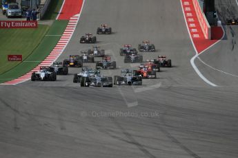 World © Octane Photographic Ltd. Sunday 2nd November 2014, F1 USA GP, Austin, Texas, Circuit of the Americas (COTA) - Race. Mercedes AMG Petronas F1 W05 Hybrid - Nico Rosberg leads the start of the USA GP. Digital Ref: 1151LB1D1223