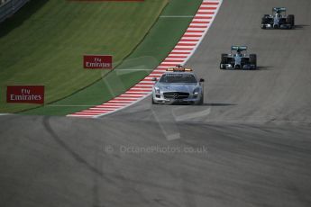 World © Octane Photographic Ltd. Sunday 2nd November 2014, F1 USA GP, Austin, Texas, Circuit of the Americas (COTA) - Race. Mercedes AMG Petronas F1 W05 Hybrid - Nico Rosberg leads behind the safety car. Digital Ref: 1151LB1D1333