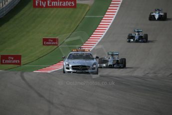 World © Octane Photographic Ltd. Sunday 2nd November 2014, F1 USA GP, Austin, Texas, Circuit of the Americas (COTA) - Race. Mercedes AMG Petronas F1 W05 Hybrid - Nico Rosberg leads behind the safety car. Digital Ref: 1151LB1D1337