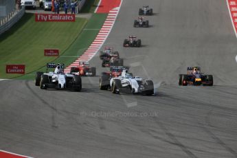 World © Octane Photographic Ltd. Sunday 2nd November 2014, F1 USA GP, Austin, Texas, Circuit of the Americas (COTA) - Race. Williams Martini Racing FW36 – Valtteri Bottas and Felipe Massa. Digital Ref: 1151LB1D1446