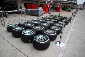 World © Octane Photographic Ltd. F1 USA GP, Austin, Texas, Circuit of the Americas (COTA). Wednesday 30th October 2014 – Pitlane setup. Mercedes AMG Petronas F1 W05 Hybrid wheels with Pirelli white medium and yellow soft tyres. Digital Ref : 1141LB1D3384