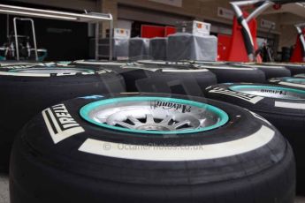 World © Octane Photographic Ltd. F1 USA GP, Austin, Texas, Circuit of the Americas (COTA). Wednesday 30th October 2014 – Pitlane setup. Mercedes AMG Petronas F1 W05 Hybrid wheels with Pirelli white medium tyres. Digital Ref : 1141LB1D3388