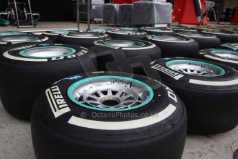 World © Octane Photographic Ltd. F1 USA GP, Austin, Texas, Circuit of the Americas (COTA). Wednesday 30th October 2014 – Pitlane setup. Mercedes AMG Petronas F1 W05 Hybrid wheels with Pirelli white medium tyres. Digital Ref : 1141LB1D3393