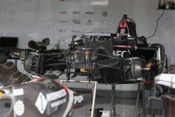 World © Octane Photographic Ltd. F1 USA GP, Austin, Texas, Circuit of the Americas (COTA). Wednesday 30th October 2014 – Pitlane setup. Sauber F1 Team front suspension and brakes. Digital Ref : 1141LB1D7011