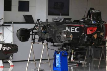 World © Octane Photographic Ltd. F1 USA GP, Austin, Texas, Circuit of the Americas (COTA). Wednesday 30th October 2014 – Pitlane setup. Sauber F1 Team front suspension and brakes. Digital Ref : 1141LB1D7014