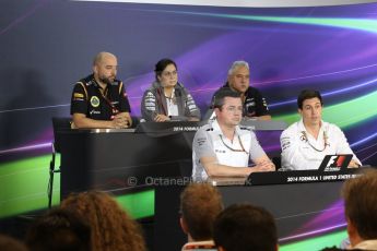 World © Octane Photographic Ltd. Friday 31st October 2014, F1 USA GP, Austin, Texas, Circuit of the Americas (COTA) - FIA Press Conference. Lotus F1 Team, Team Principle– Gerard Lopez, Sauber F1 Team Team Principle – Monisha Kaltenborn, Sahara Force India Team Principle – Vijay Mallya, McLaren Mercedes Racing Director – Eric Boullier and Mercedes AMG Petronas Executive Director – Toto Wolff. Digital Ref: 1146LW1L3922