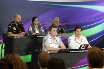 World © Octane Photographic Ltd. Friday 31st October 2014, F1 USA GP, Austin, Texas, Circuit of the Americas (COTA) - FIA Press Conference. Lotus F1 Team, Team Principle– Gerard Lopez, Sauber F1 Team Team Principle – Monisha Kaltenborn, Sahara Force India Team Principle – Vijay Mallya, McLaren Mercedes Racing Director – Eric Boullier and Mercedes AMG Petronas Executive Director – Toto Wolff. Digital Ref: 1146LW1L3925