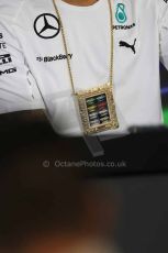 World © Octane Photographic Ltd. Thursday 30th October 2014, F1 USA GP, Austin, Texas, Circuit of the Americas (COTA) - FIA Press Conference. Mercedes AMG Petronas – Lewis Hamilton wears a Andy Warhol art necklace. Digital Ref: 1143LB1D7220